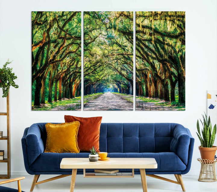 Serene Tree Tunnel Wall Art Canvas Print – Pathway Under Canopy of Lush Green Trees, Nature-Inspired Decor for Living Room – Ready to Hang