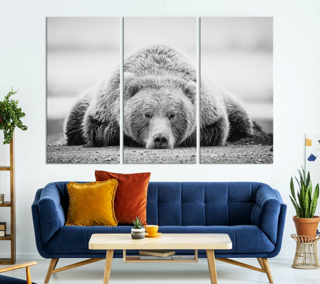 Resting Bear Wall Art Canvas Print – Majestic Lazy Black and White Wildlife Bear Art, Perfect for Nature-Inspired Home Decor – Ready to Hang