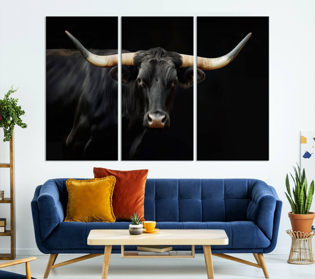 Texas Longhorn Cow | Majestic Black Bull Wall Art Canvas Print - Farmhouse Animal Decor - Ready to Hang