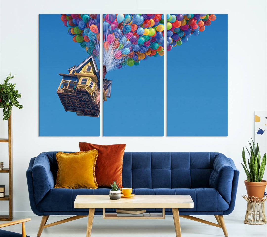 The "Carl Fredricksen, Up Movie Wall Art" features a three-panel design with a house lifted by colorful balloons, adding whimsical decor to any space.