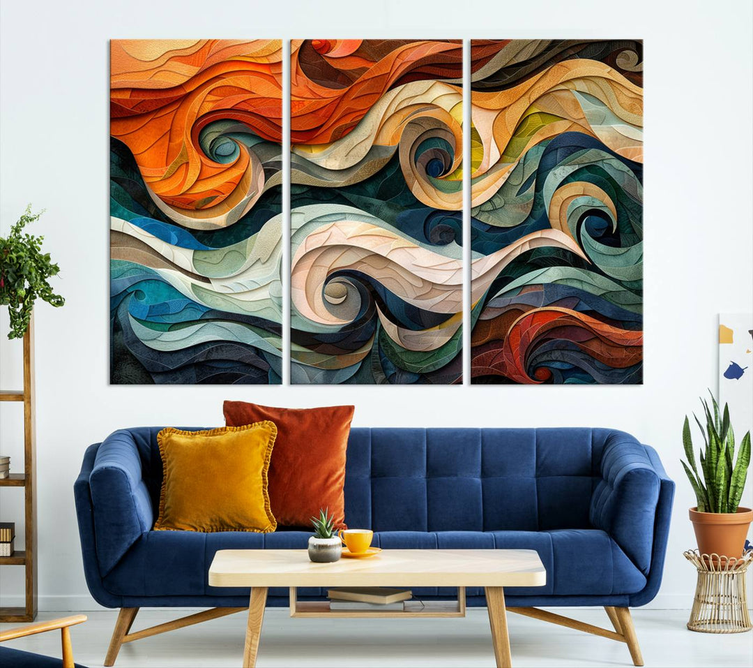 Abstract Wave Wall Art is a ready-to-hang framed canvas print featuring swirling orange, blue, and white patterns. It's perfect for adding vibrant decor to modern spaces.