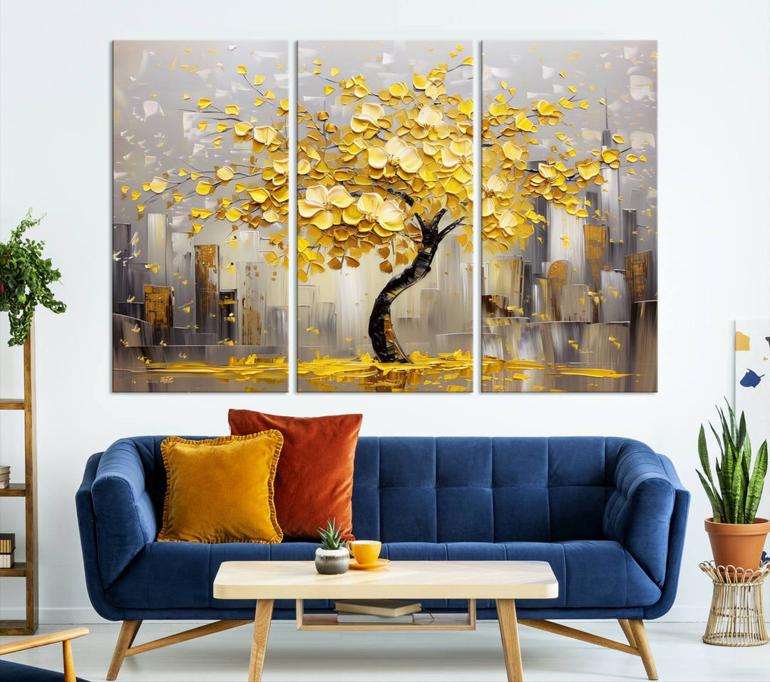 A framed canvas print from the "Golden Tree Canvas Print | Abstract Wall Art for Modern Homes | Ready to Hang Framed Artwork" collection hangs elegantly against the dark wall, epitomizing exquisite abstract wall art.