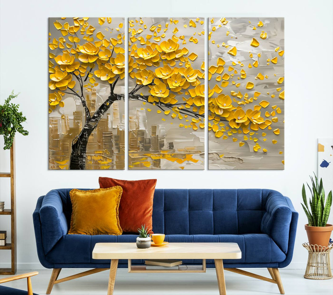 Yellow Blossom Tree Canvas Wall Art, featuring a floral abstract modern design, is elegantly displayed against a dark wall. This sophisticated piece enhances the contemporary aesthetic of the space.