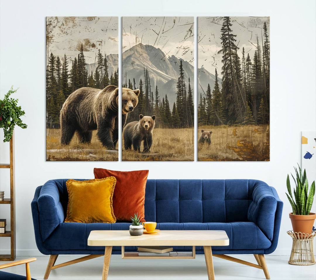 Rustic Grizzly 399: Bear Family Wall Art Canvas Print.