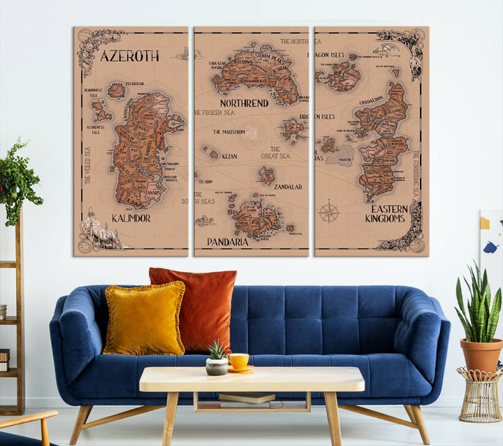 The Vintage Azeroth World Map Canvas Print, a stunning three-piece set, enhances the space with its vintage charm, perfectly complementing your gaming decor.