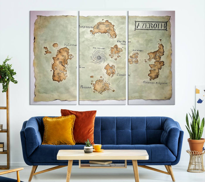 The Azeroth World Map Wall Art Canvas Print, a three-panel vintage piece, brings a cozy fantasy gaming atmosphere to the room.