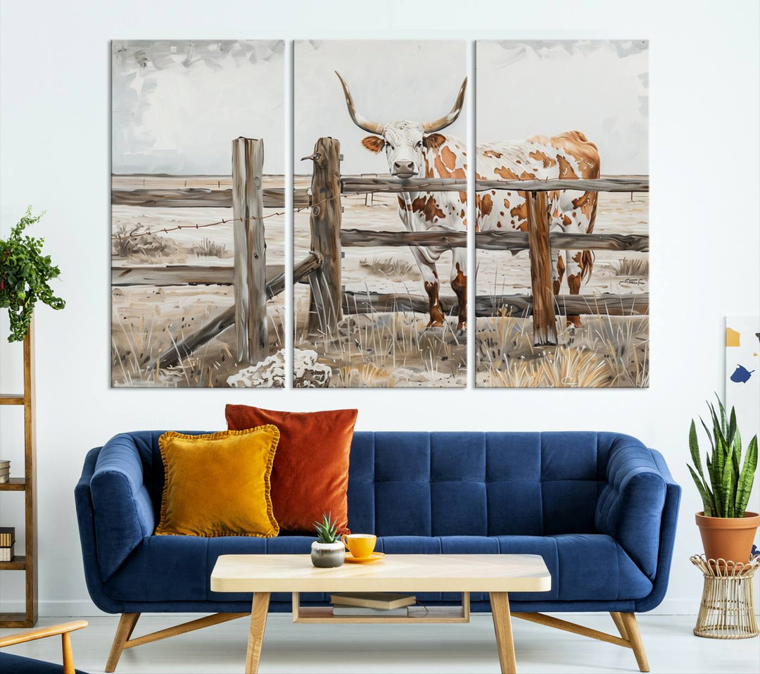 The Abstract Longhorn Cow Wall Art, a ready-to-hang framed canvas print, adds rustic charm and perfectly captures the essence of rural elegance.