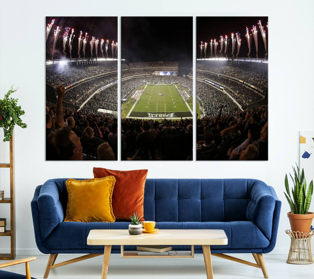 The living room features a spectacular Philadelphia Eagles Football Team Print. This wall art canvas print of Lincoln Financial Field at night captures a Philadelphia Eagles game under the dazzling brilliance of fireworks, making it an eye-catching centerpiece.