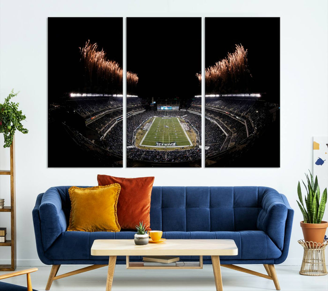 Eagles Stadium Wall Art depicting a nighttime game and fireworks at Lincoln Financial Field.