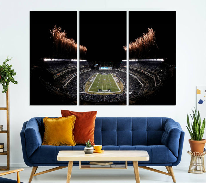 A stunning triptych wall art featuring the Philadelphia Eagles Football Team Print, capturing Lincoln Financial Field with spectacular fireworks.