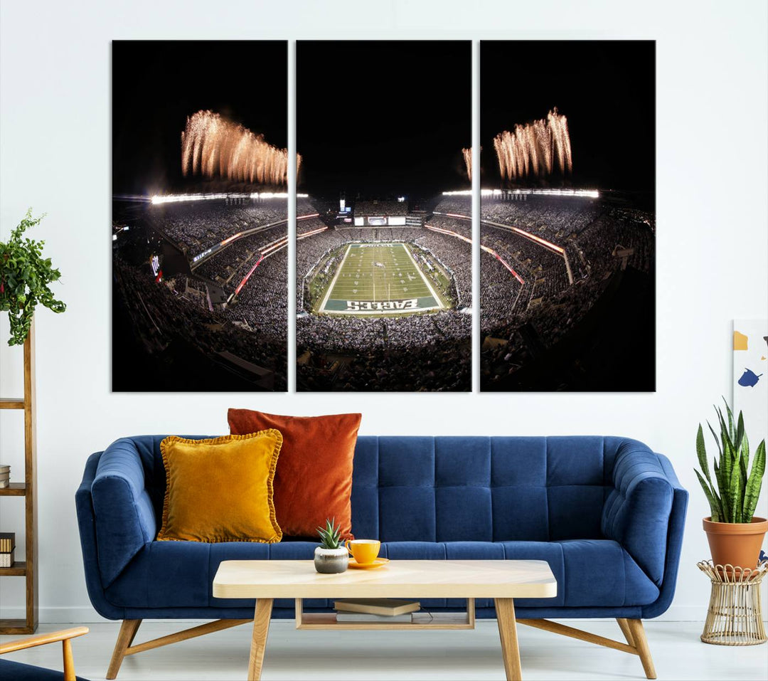 Experience the breathtaking Lincoln Financial Field Fireworks Game captured in this triple canvas wall art. A must-have for any Philadelphia Eagles fan!