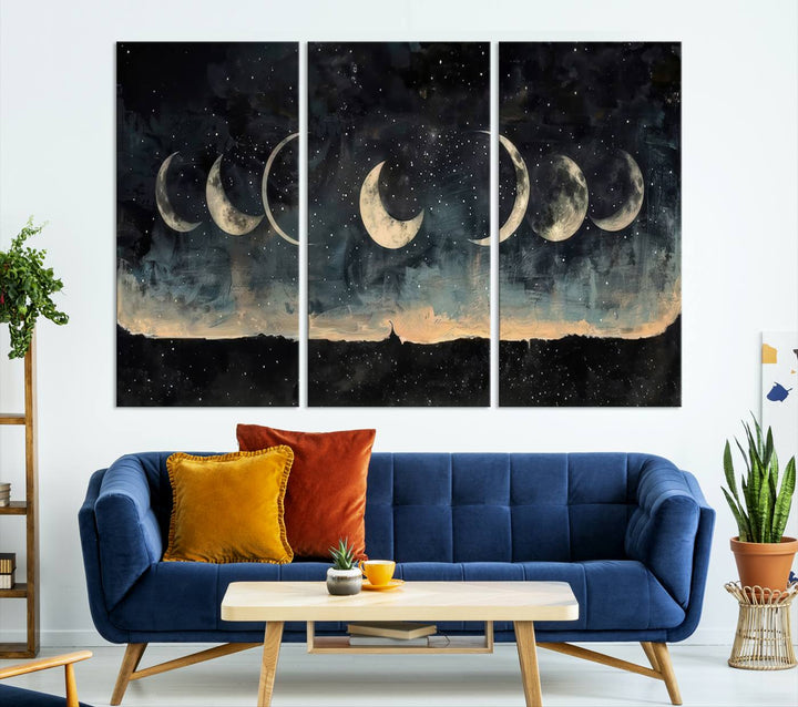 The "Phases of the Moon Wall Art," a framed canvas series capturing the celestial beauty of lunar cycles against a starry night, adds an elegant touch to the contemporary dining room.