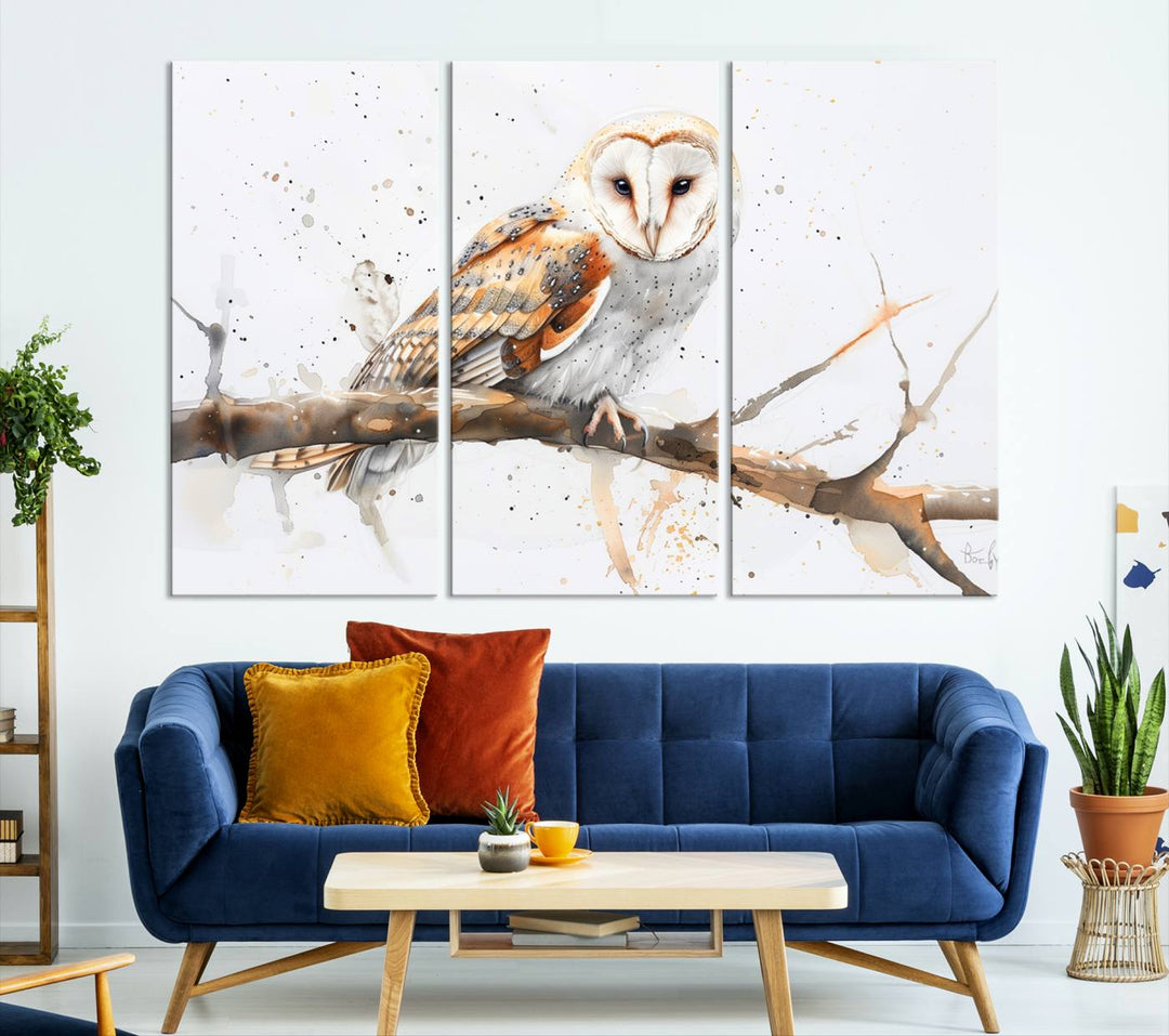 Introduce the tranquility of nature into your home with this stunning canvas print, featuring a Barn Owl on a branch. This triptych wall art, ready to hang and elegantly framed, is perfect for nature lovers seeking serene decor pieces.