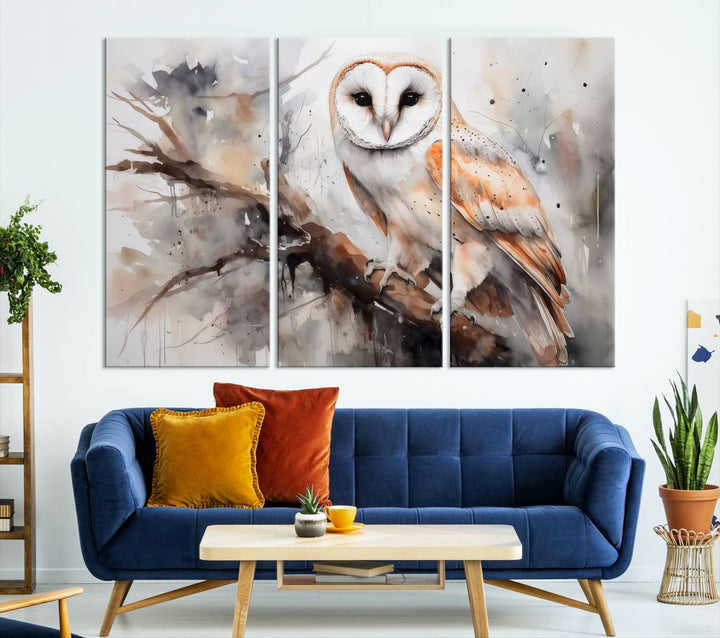 The Barn Owl Wall Art, a watercolor canvas print, elegantly adorns the wall in a modern living room, seamlessly merging farmhouse wall decor with contemporary style.