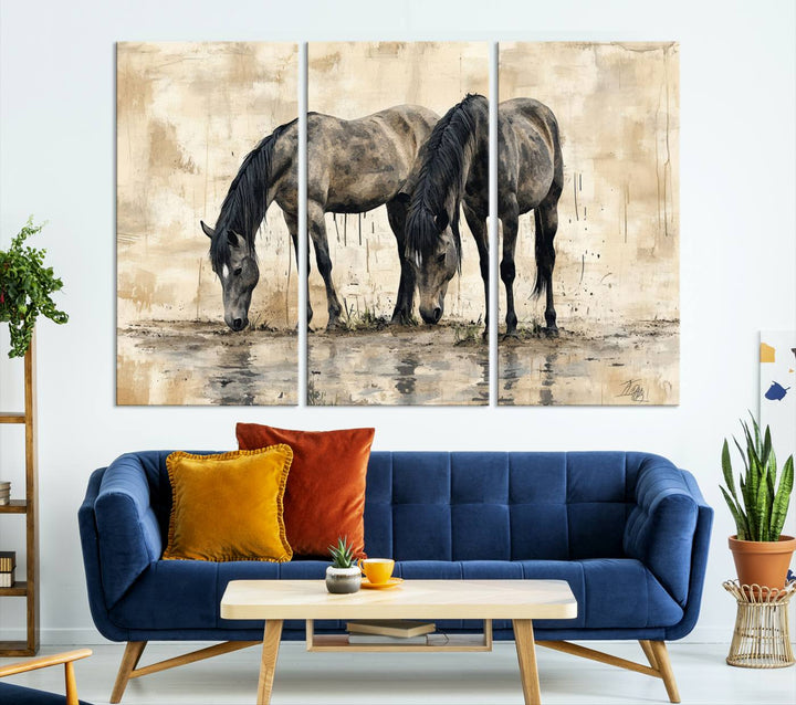 Chines Ink Style Black Horses Wall Art Canvas Print features a triptych painting of two horses drinking at the water's edge.