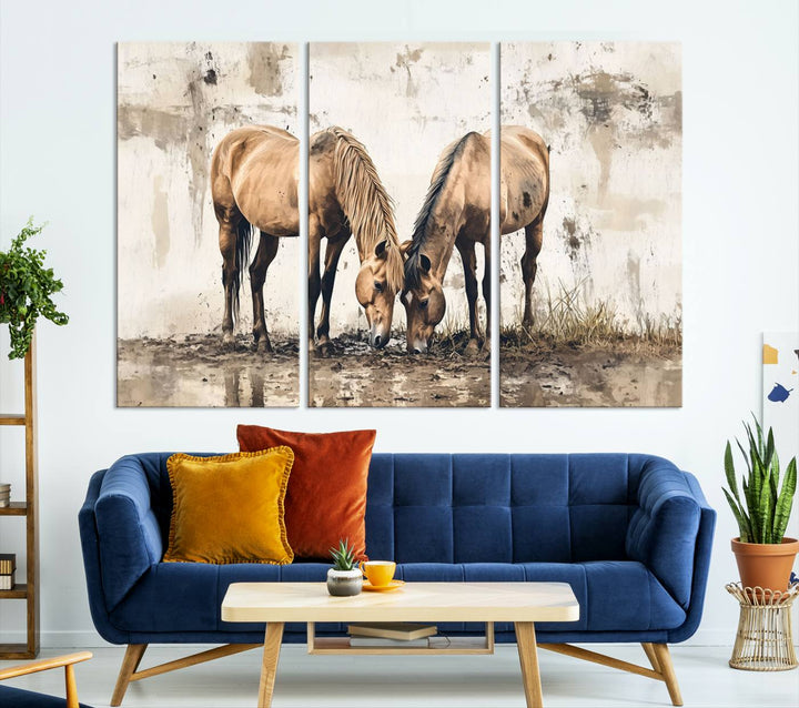 The Vintage Horses Wall Art, a ready-to-hang and framed triptych, beautifully captures two horses gracefully grazing. It perfectly complements the rustic charm of western farmhouse wall decor.