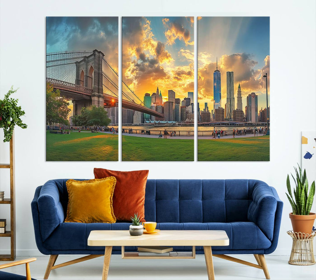 The "Brooklyn Bridge New York Skyline Wall Art" is a ready-to-hang framed canvas print that beautifully captures the cityscape at sunset, showcasing the iconic Brooklyn Bridge and majestic skyscrapers.