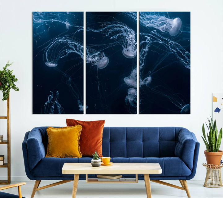 Room with modern decor, featuring the Abstract Jellyfish in Ocean Wall Art Canvas Print on museum-quality canvas.