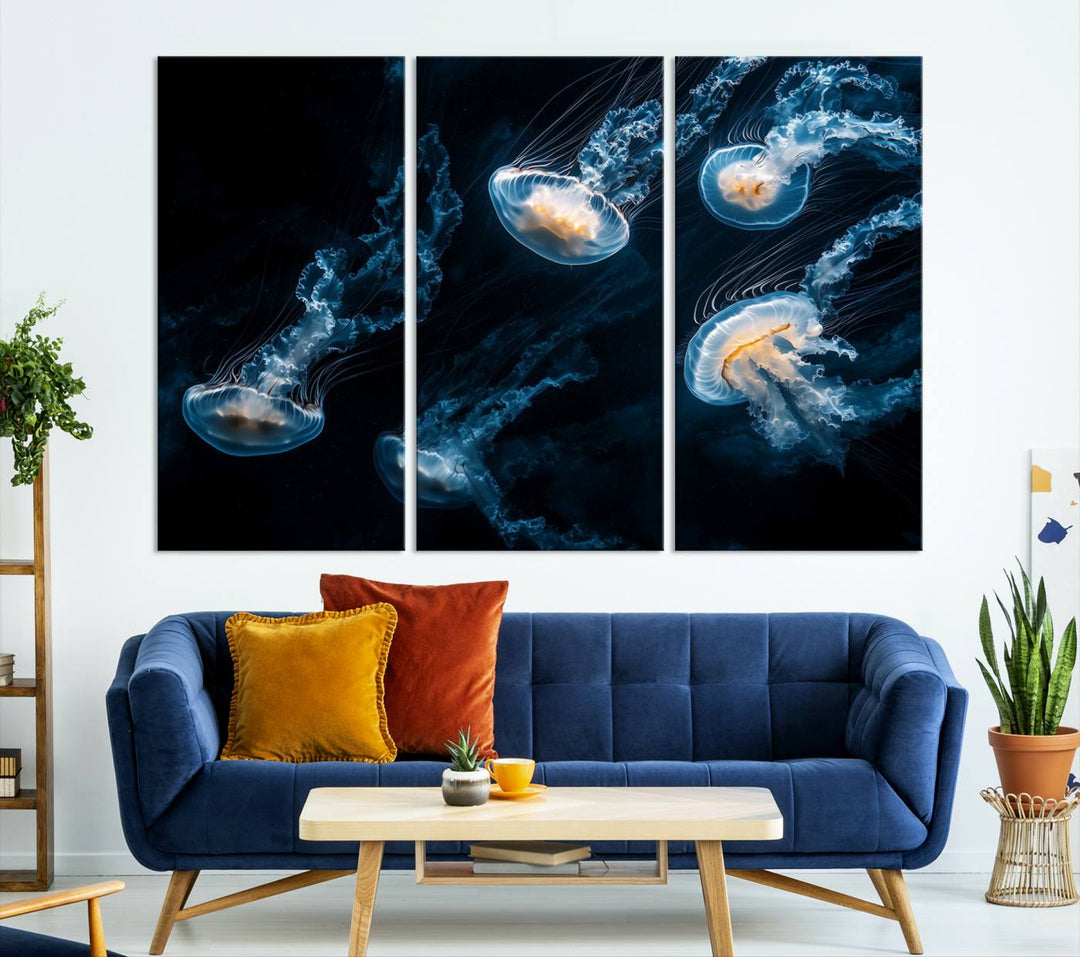 The "Jellyfish Wall Art Canvas Print," featuring a sea-themed design of glowing jellyfish, is displayed in high-resolution on museum-quality canvas.