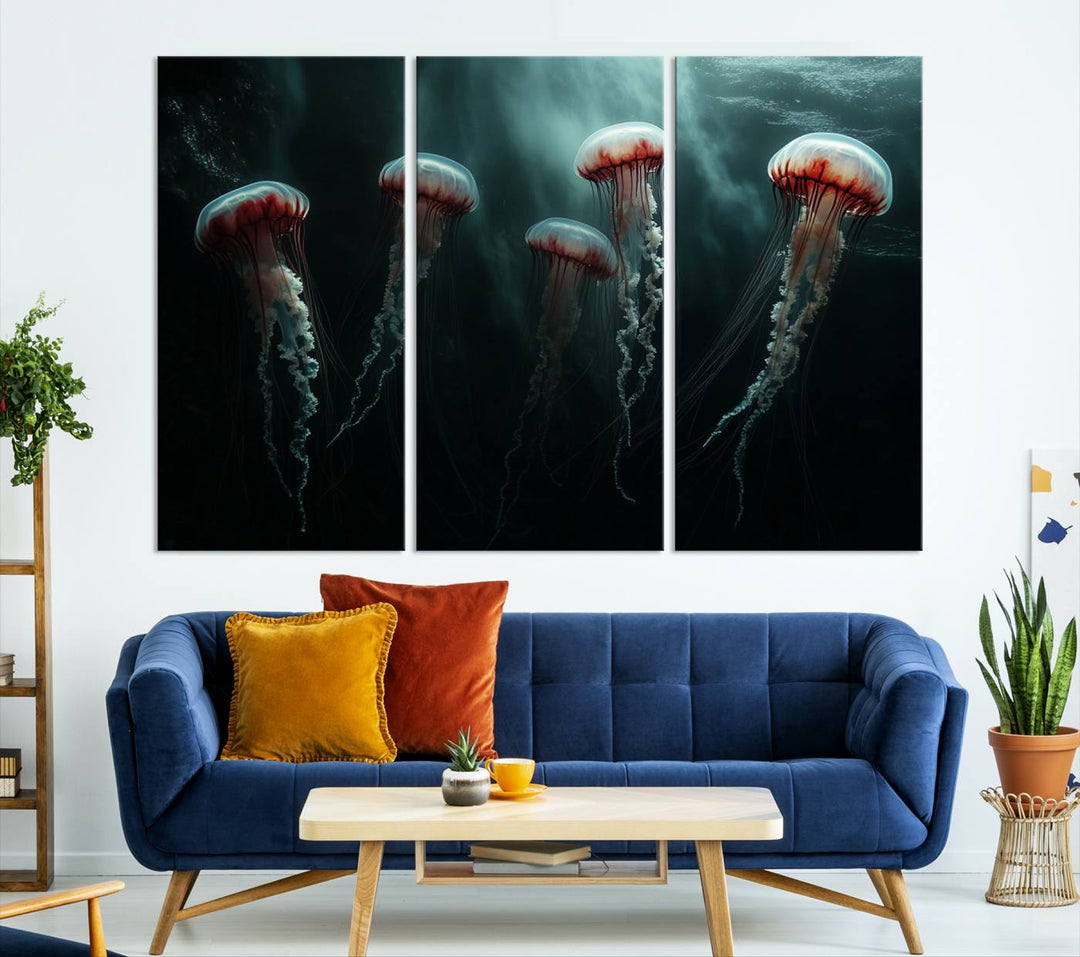 The Abstract Jellyfish Wall Art Canvas Print, framed in the USA and showcased on museum-quality canvas with high-resolution printing, adds a decorative touch to the space.