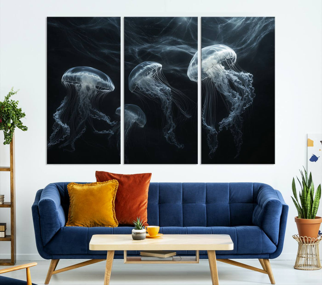 The Jellyfish Wall Art Canvas Print features glowing jellyfish in vibrant colors on museum-quality canvas.