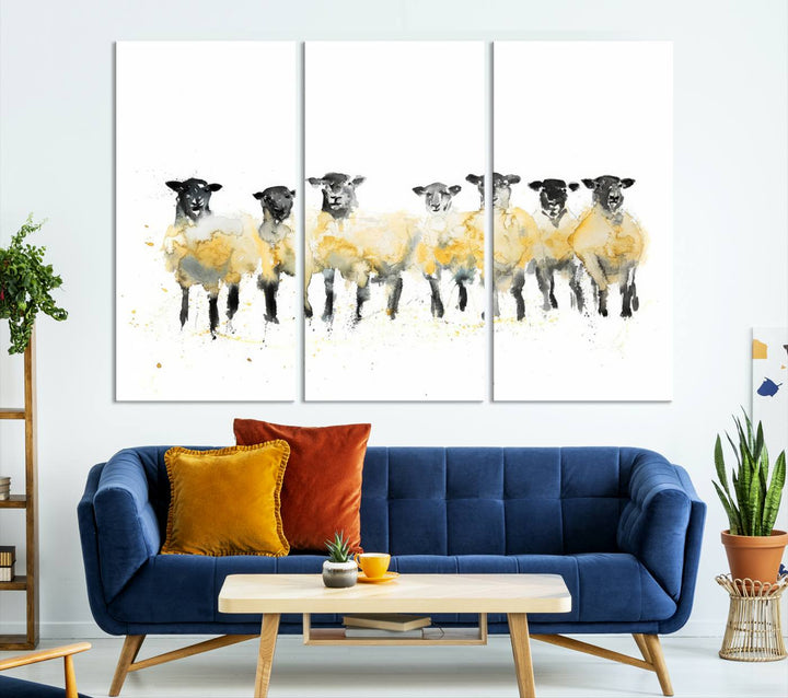 The Farmhouse Wall Art Sheep Print, ready to hang as a framed canvas, adorns the black wall, adding a hint of rustic barn decor.