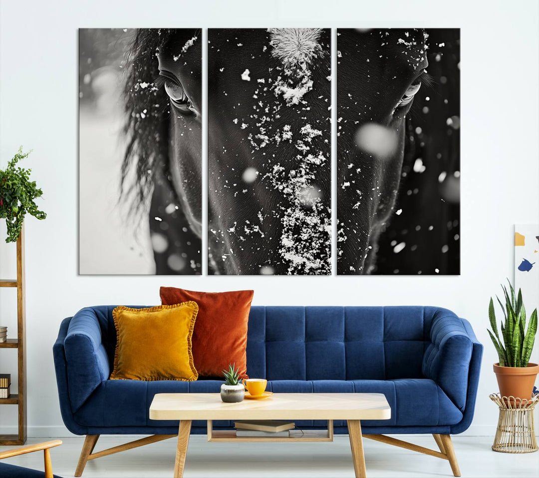 The Winter Horse Snow Wall Art Canvas Print, a black and white triptych showcasing a snow-covered horse's face, infuses the space with rustic cabin decor.