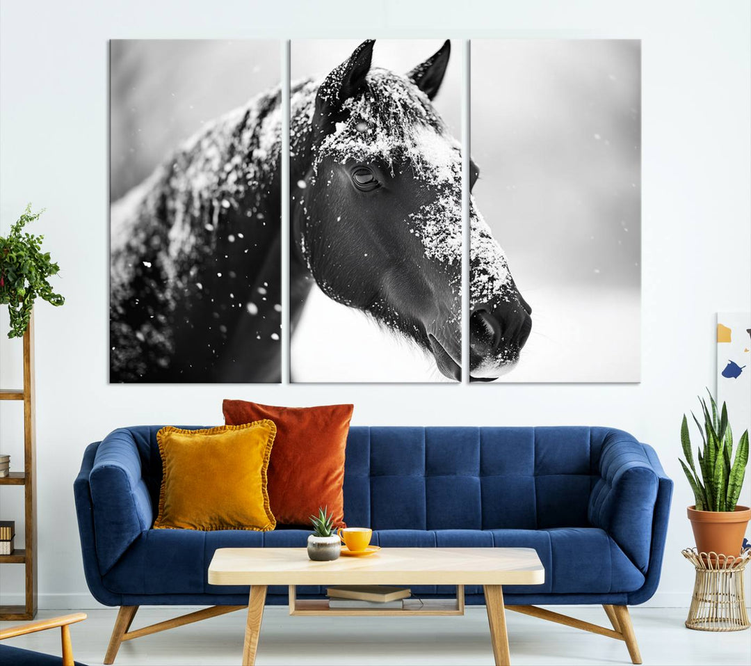 A set of Winter Horse Snow Wall Art Canvas Prints hangs, creating the perfect touch of Rustic Cabin Decor.