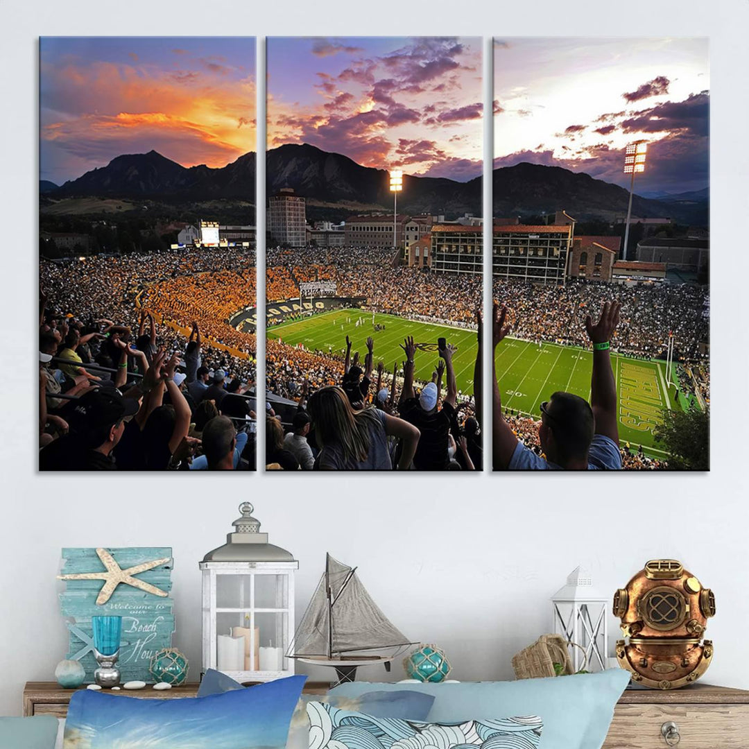 Panoramic image of a vibrant Folsom Field at sunset, with scenic mountains in the background—a breathtaking scene captured perfectly in the "Folsom Field - University of Colorado Buffaloes Football Stadium Wall Art Canvas Print.