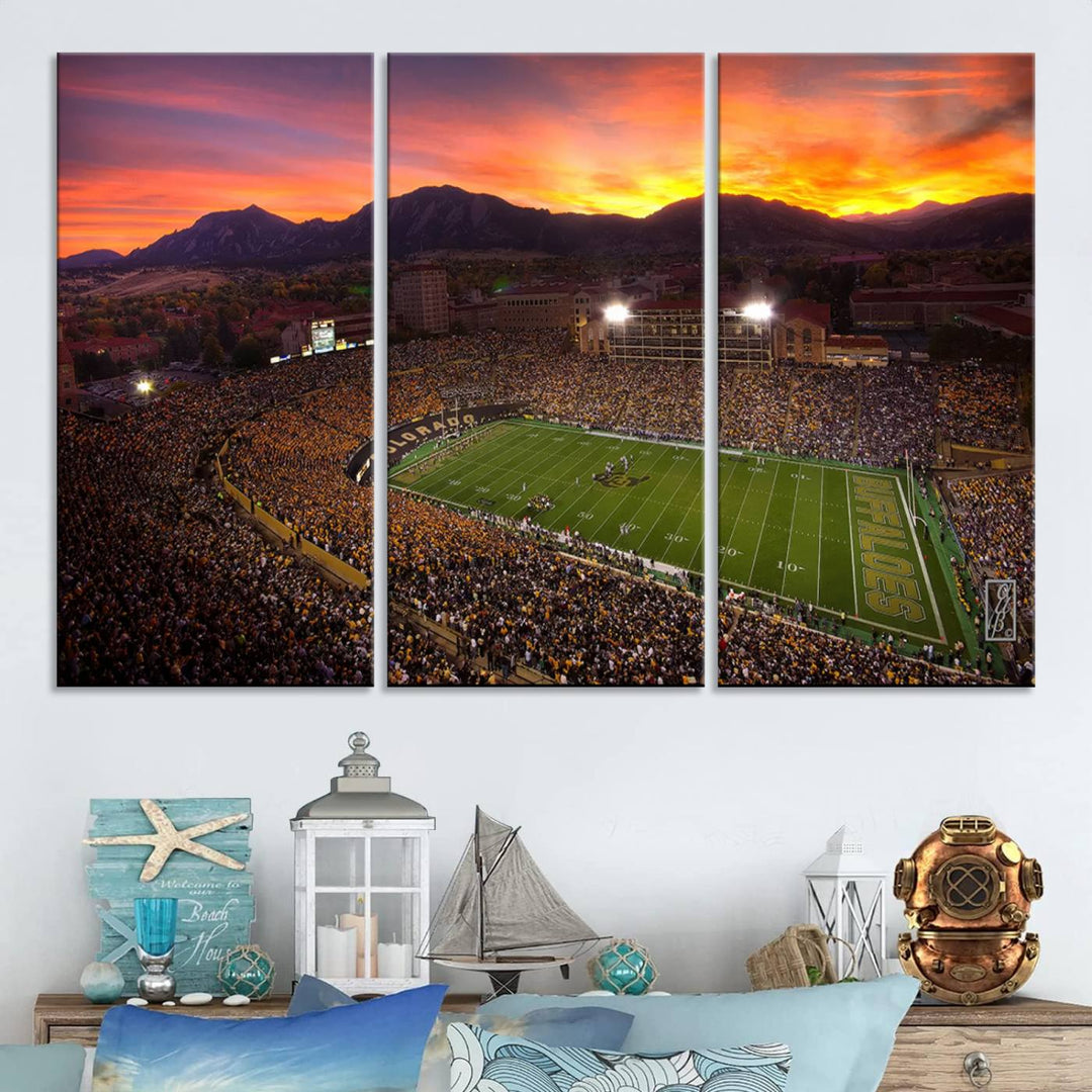 The living room showcases a lively wall art canvas print titled "Folsom Field - University of Colorado Buffaloes Football Stadium," capturing the essence of the University of Colorado.