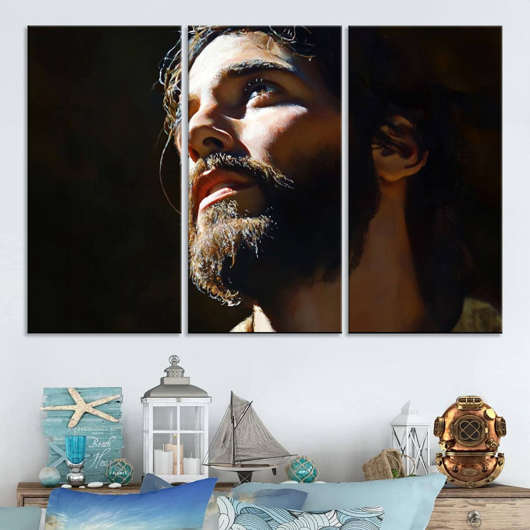 The Jesus Portrait Wall Art Canvas Print features a thoughtful depiction of Jesus Christ in an oil painting style, adding an inspirational religious touch to the decor.