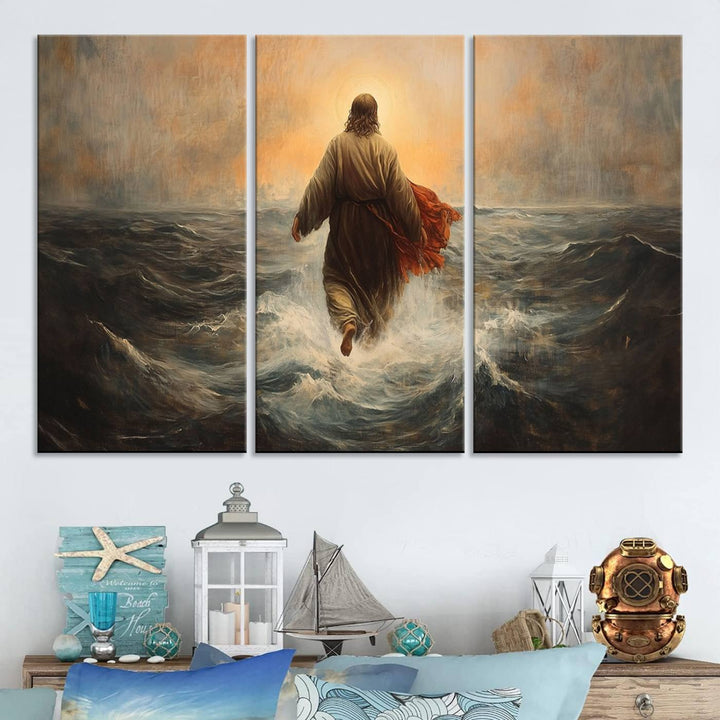 A modern living room is adorned with a triptych titled "Jesus Walking on Water, Christian Wall Art, Jesus Christ Walking on Oil Painting Style Print." The artwork, presented on museum-quality canvas, showcases vibrant colors and exquisite detail.