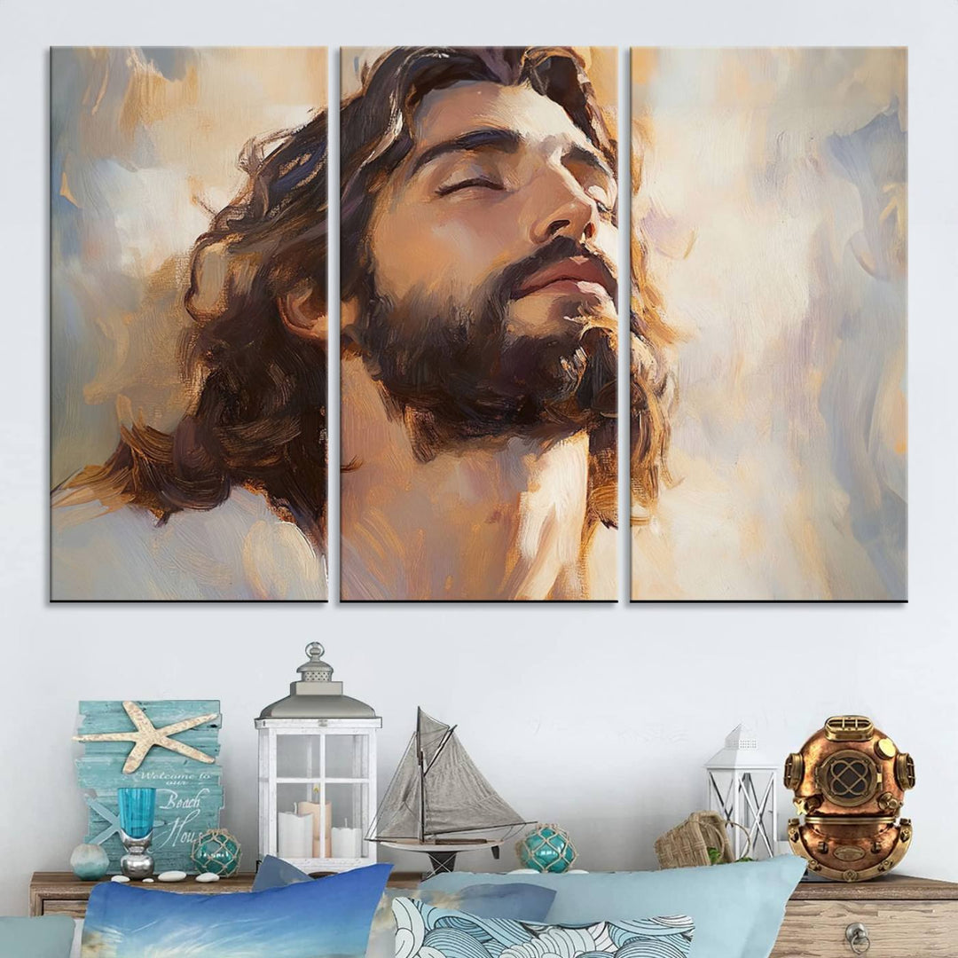 This museum-quality canvas print, titled "Jesus Portrait," features an oil painting style depiction of Jesus Christ with a closed-eyed expression. The high-resolution printing captures every detail beautifully.