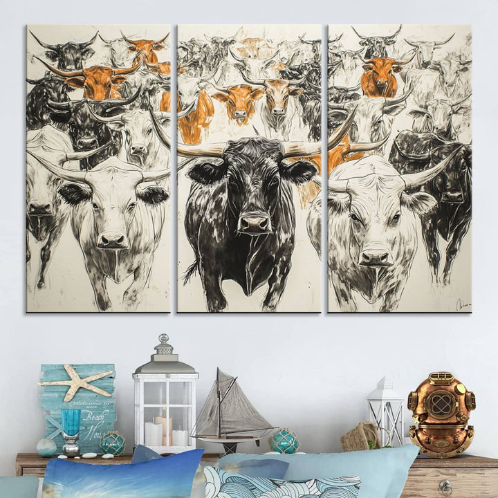 This exquisite farmhouse wall art, titled "Western Longhorn Cattle Canvas Print," showcases a majestic herd of longhorn cattle in a three-panel design. This ready-to-hang and framed barn decor infuses your space with rustic charm.