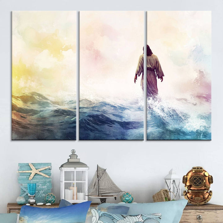 Watercolor Jesus Walking on Water Canvas Print, Christian Wall Art, Jesus Christ Walking