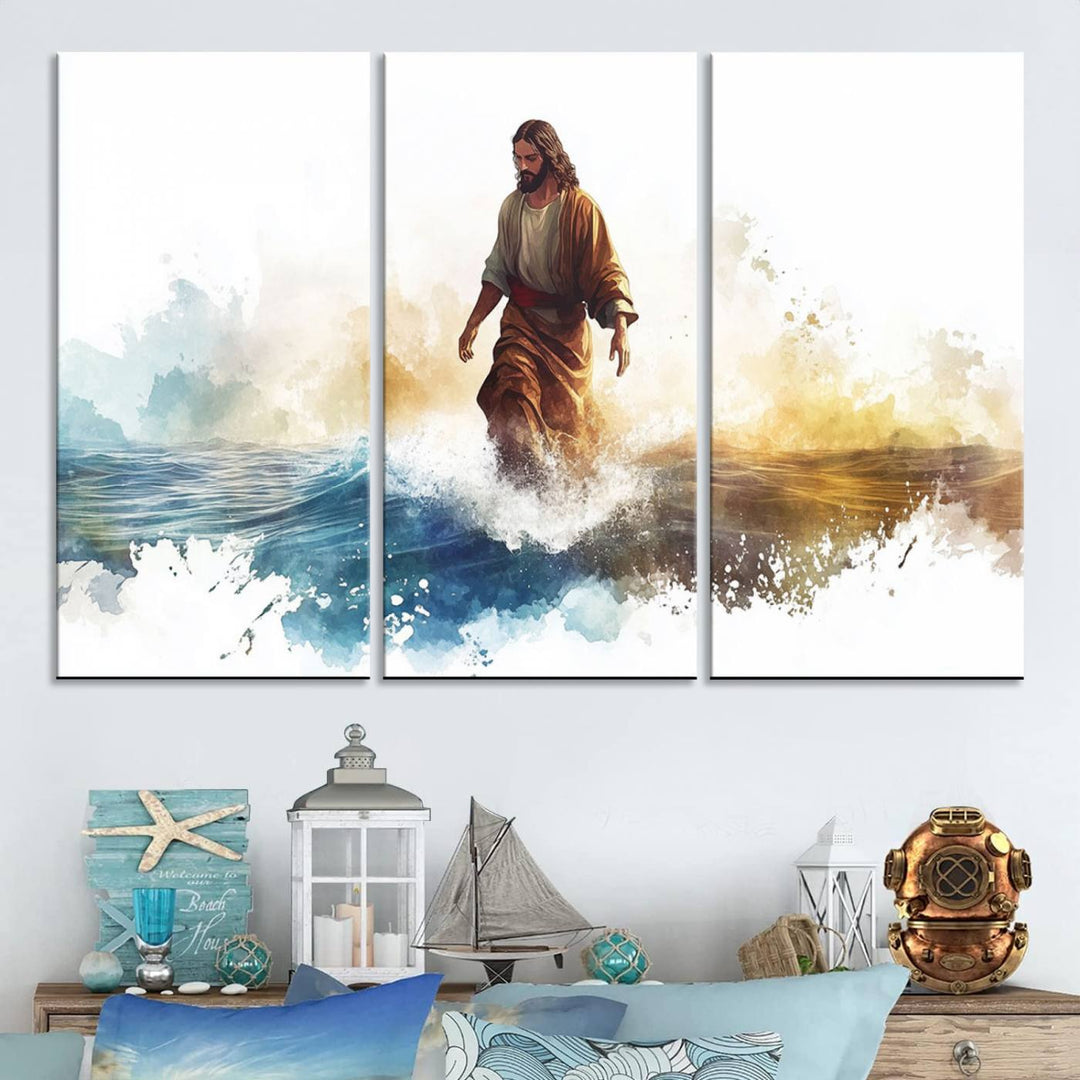 Watercolor Jesus Walking on Water Canvas Print, Christian Wall Art, Jesus Christ Walking