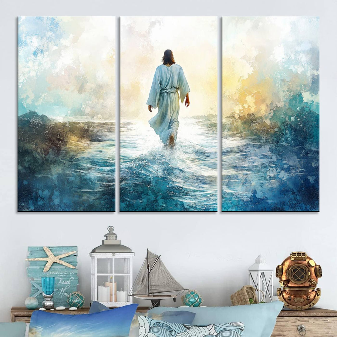 Watercolor Jesus Walking on Water Canvas Print, Christian Wall Art, Jesus Christ Walking