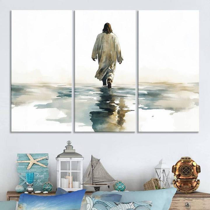 Watercolor Jesus Walking on Water Canvas Print, Christian Wall Art, Jesus Christ Walking 