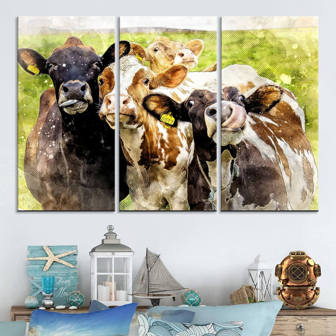 A charming triptych featuring the "Curious Cows Farmhouse Wall Art," a ready-to-hang and framed canvas print, adds a touch of rustic farm decor to the space.