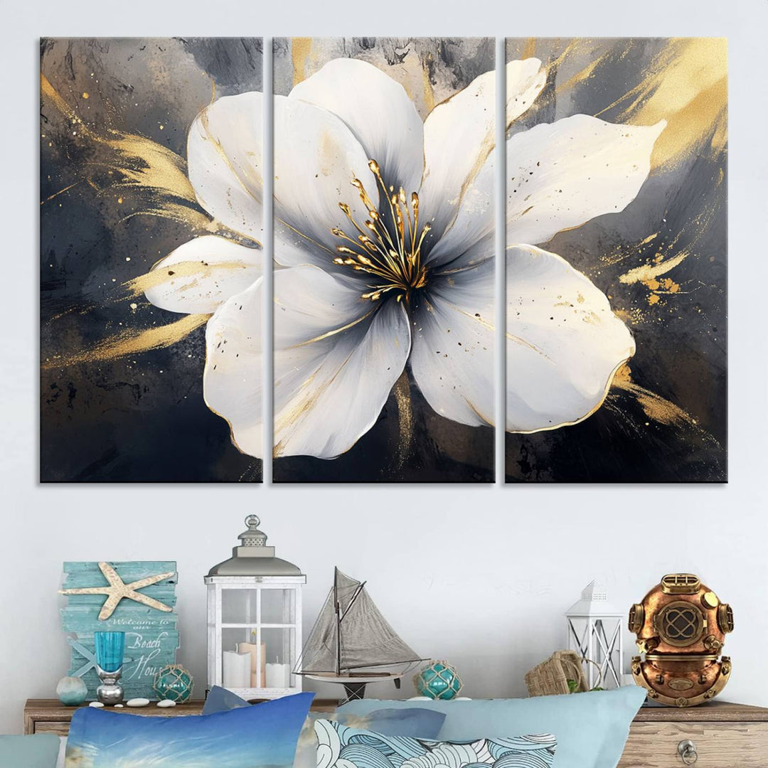 White Flower Wall Art | Canvas Print | Ready to Hang | Abstract Floral Wall Decor | Elegant Bloom Artwork | Framed for Living Room or Bedroom