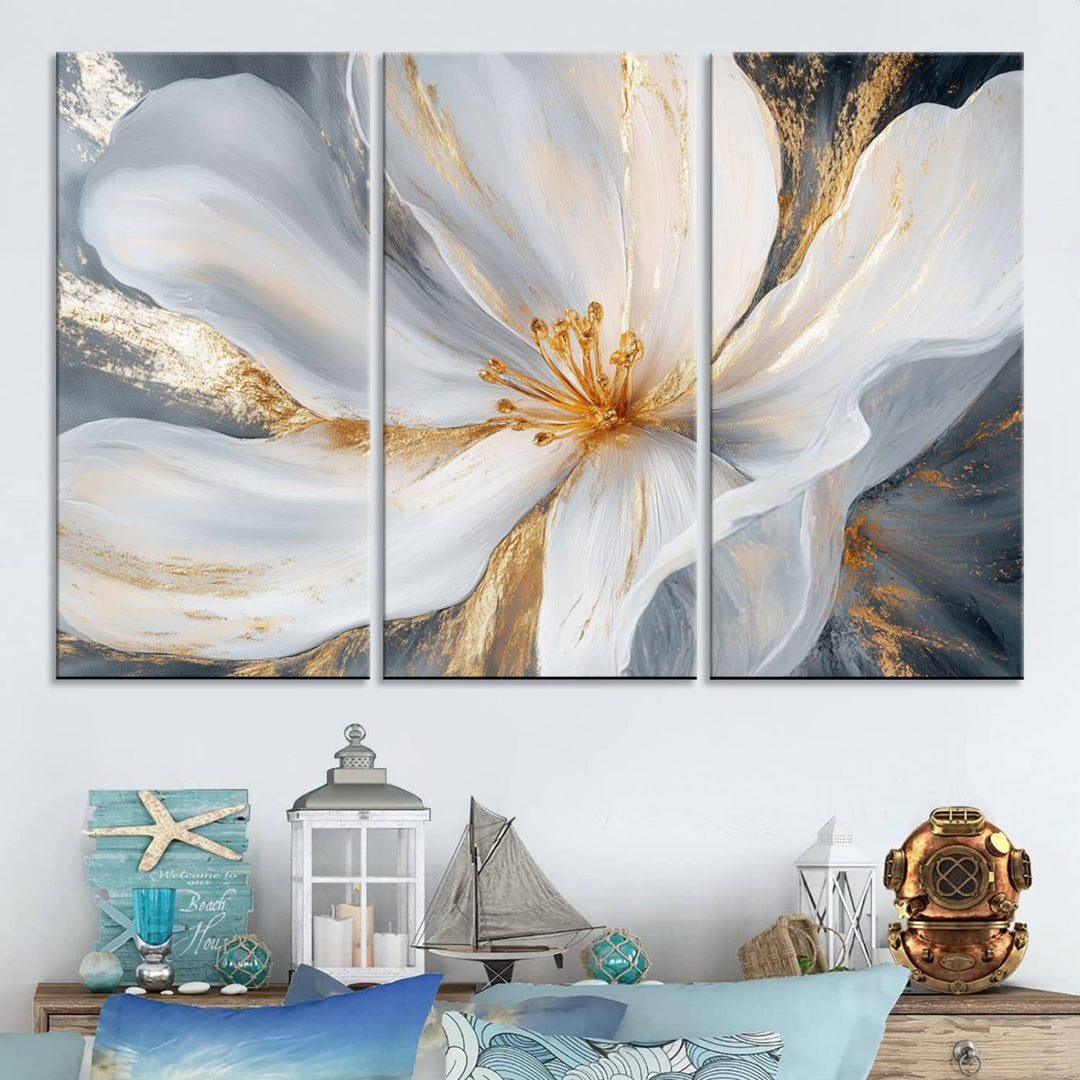 White and Gold Floral Canvas Wall Art - Framed and Ready to Hang - Perfect for Modern Living Rooms