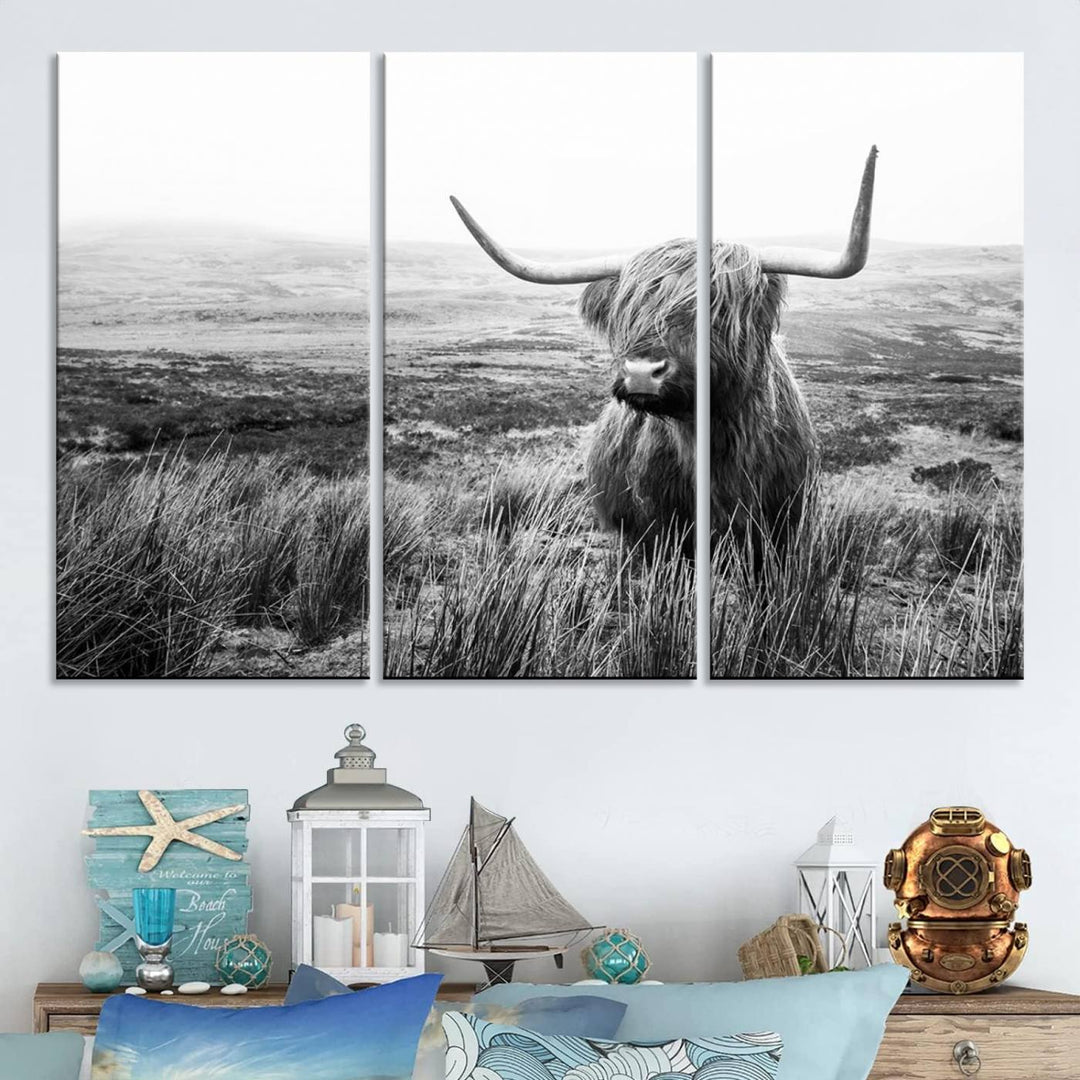 Scottish Highland Cow Wall Art | Black and White Canvas Print | Ready to Hang and Framed | Rustic Farmhouse Wall Decor for Living Room or Office