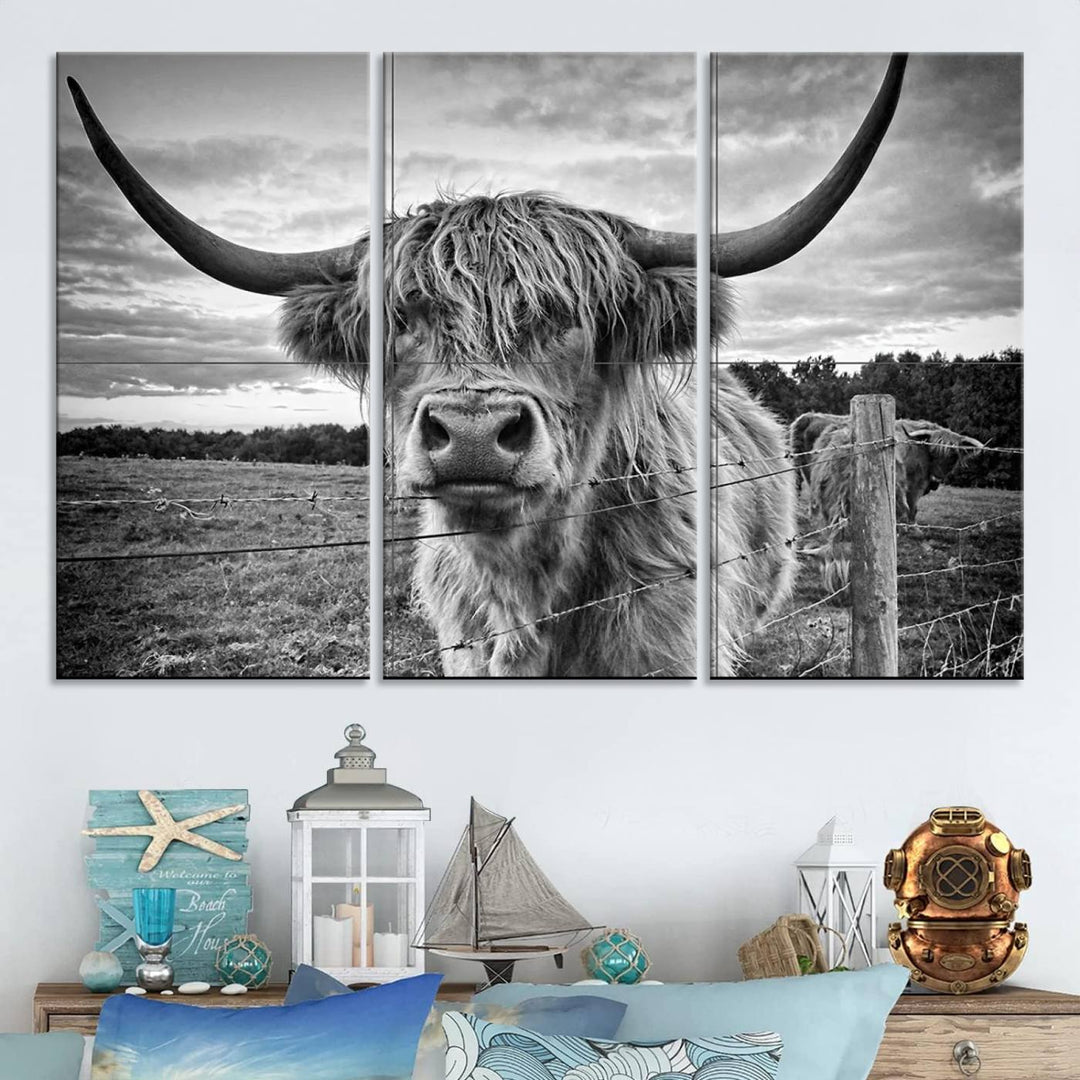 Scottish Highland Cow Wall Art Canvas Print | Ready to Hang and Framed | Rustic Farmhouse Decor