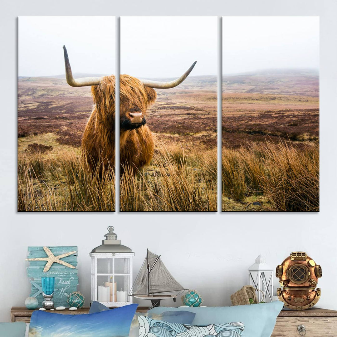 Scottish Highland Cow Wall Art Canvas Print | Ready to Hang and Framed | Rustic Farmhouse Decor for Living Room or Cabin