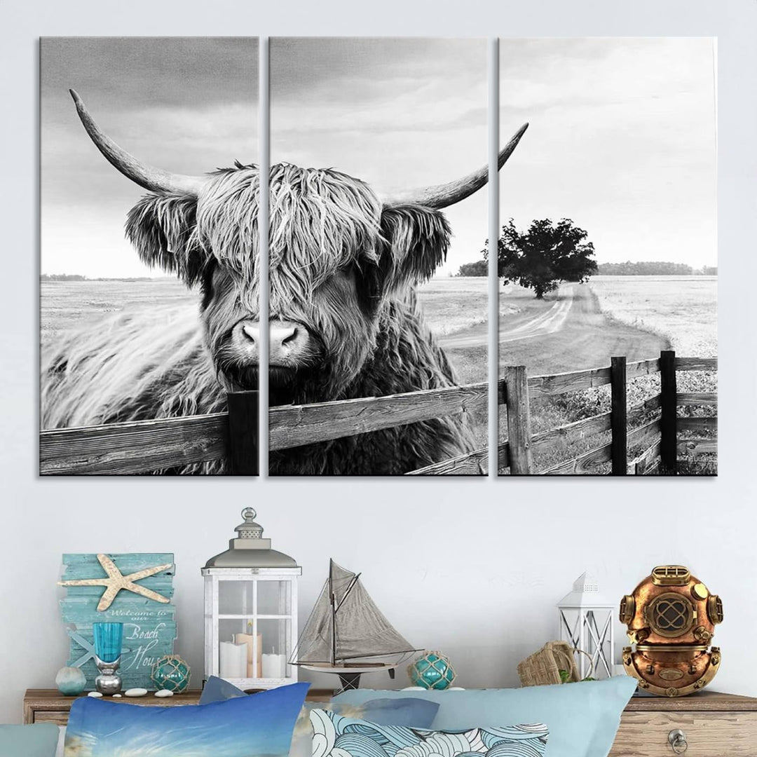 Scottish Highland Cow Wall Art | Rustic Farmhouse Décor | Black and White Ready to Hang Canvas Print