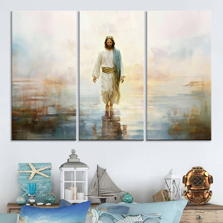 Framed Jesus Walking on Water Wall Art - 3-Panel Christian Canvas Prints, Religious Artwork, Ready to Hang Home Decor for Living Room, Office, or Church