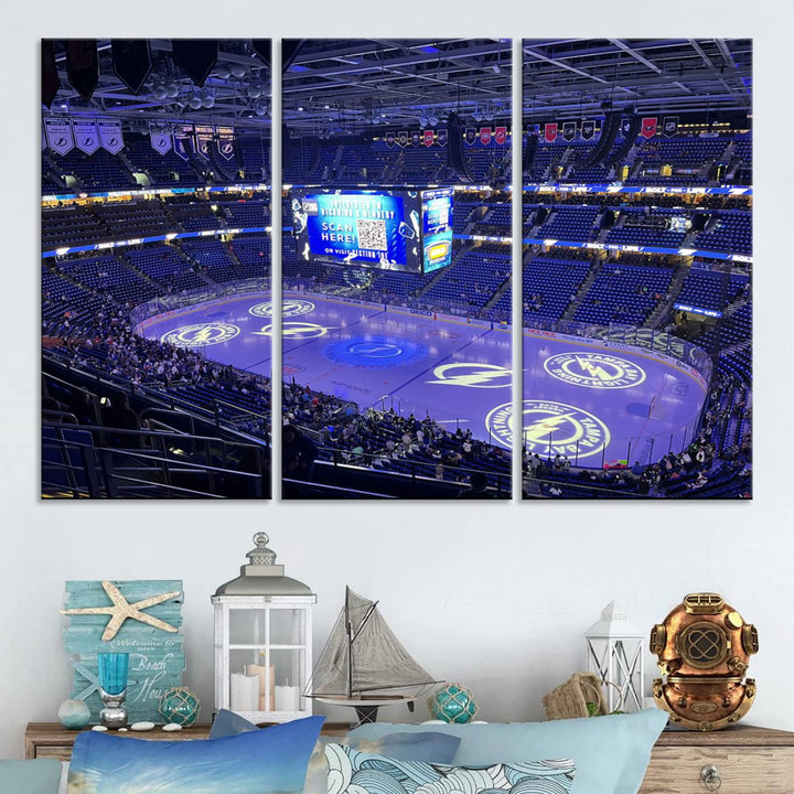 The wall art canvas print at Amalie Arena features team logos on ice, encapsulating the vibrant atmosphere of an NHL hockey stadium.