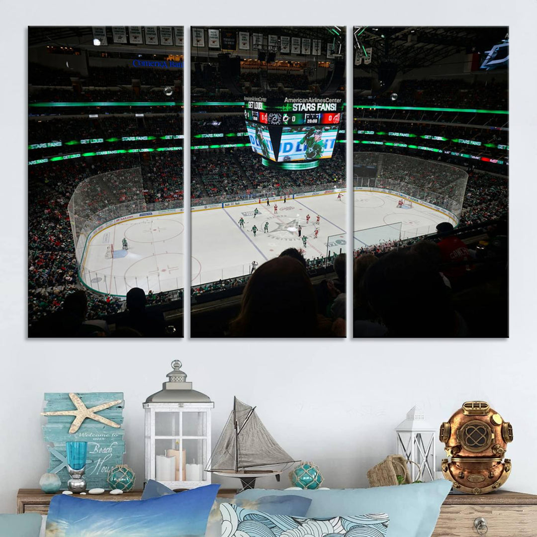 The Dallas Stars Wall Art Canvas Print is as clear as the scoreboard stats at a hockey game in a large arena with bright lights.