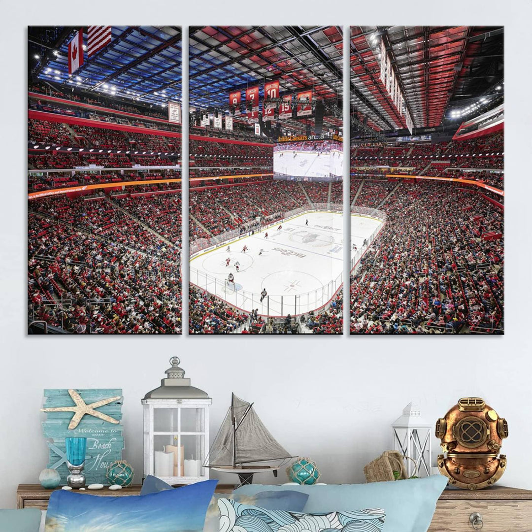 A Barton Malow canvas depicting Little Caesars Arena from above is beautifully printed in high resolution for your wall.