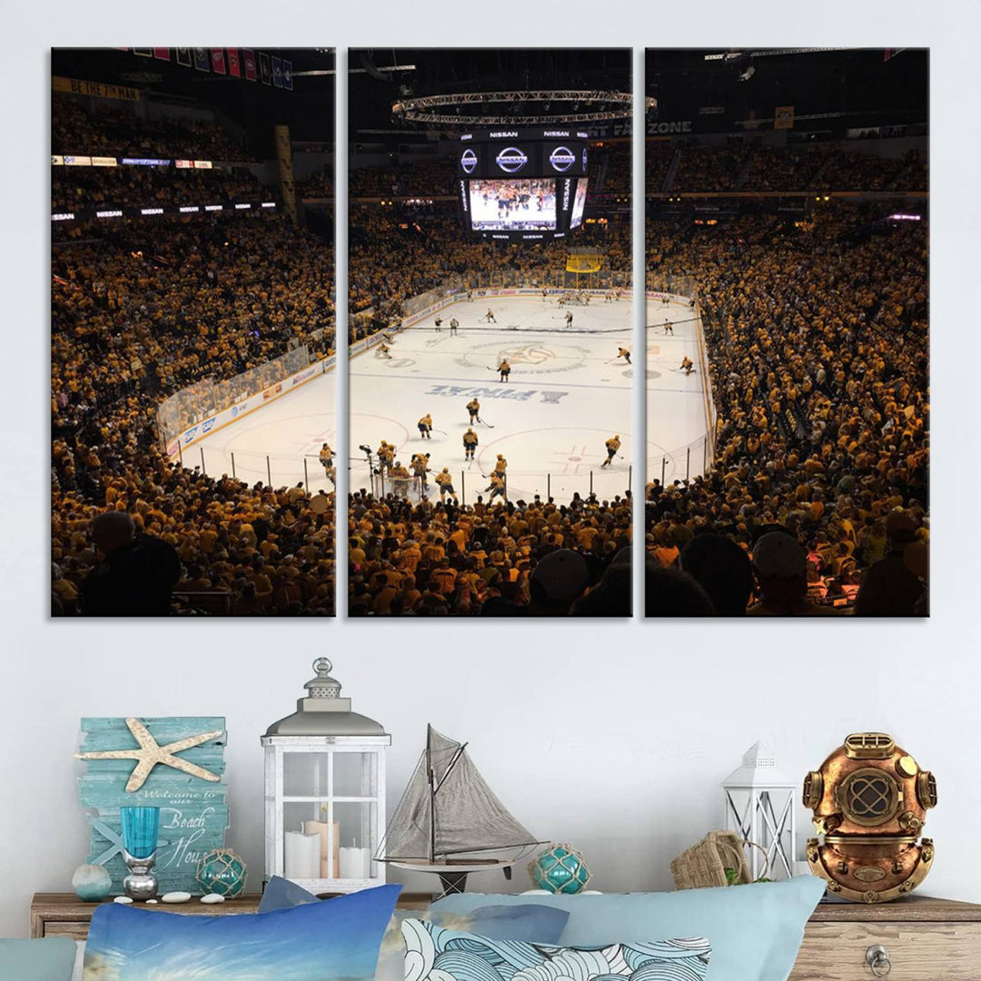 A captivating triptych canvas print, titled "Bridgestone Arena - Nashville Predators Hockey Team Print," adorns the wall. This Nashville wall art canvas print is perfect for Predators fans who appreciate sports-themed decor.